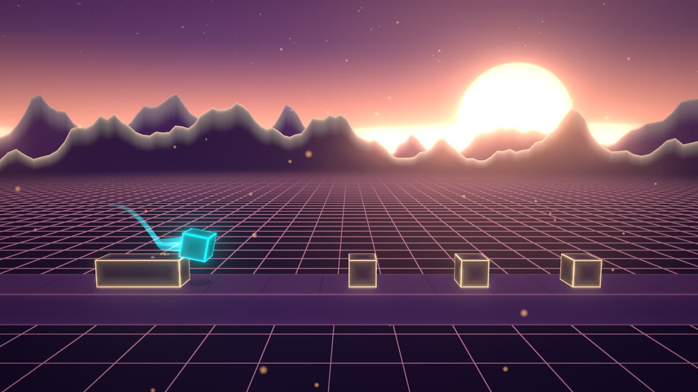 Aube en 2D : le cube saute entre des blocs dorés, devant des sommets et un soleil levant.