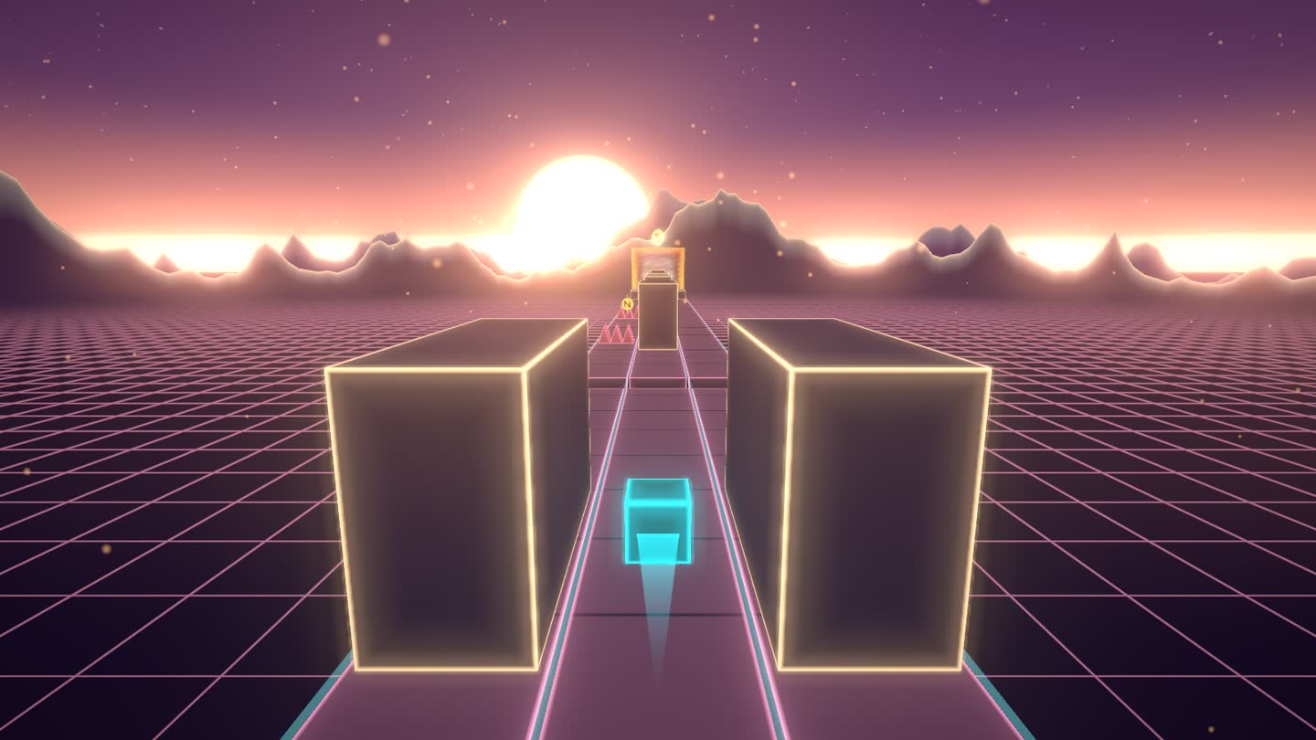 Aube en 3D : la piste passe entre deux grands blocs vers le soleil.