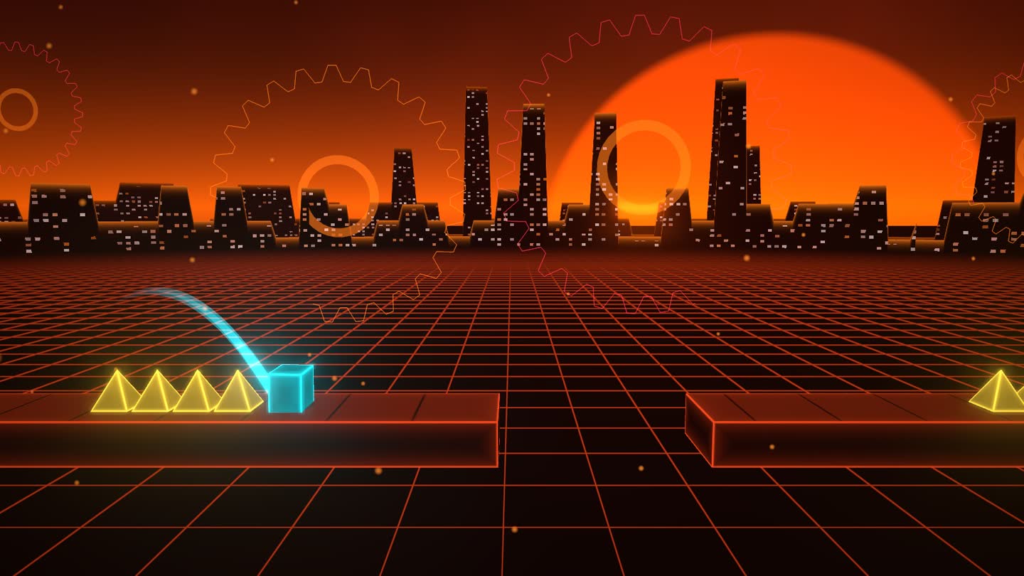 Fournaise en 2D : le cube saute au-dessus de pics jaunes devant une forge et un soleil orange.