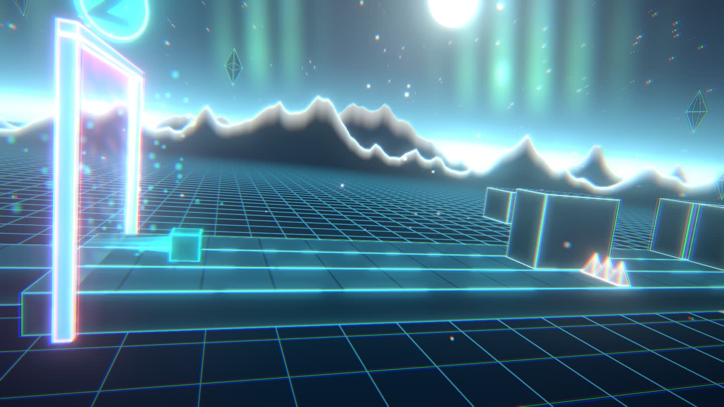 Le cube traverse un portail lumineux pendant que la caméra pivote vers l’arrière.