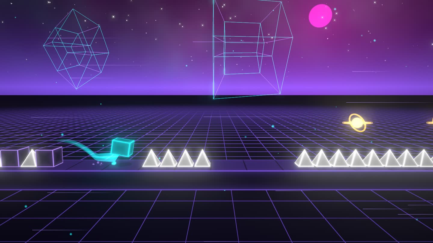 Zénith en 2D : le cube saute entre de longues rangées de pics, sous des hypercubes en fil de fer.