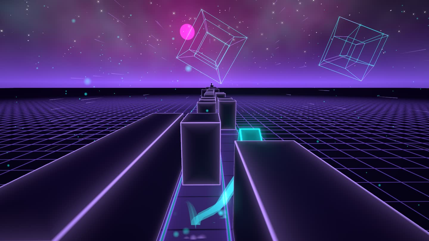 Zénith en 3D : la piste violette s’étire vers un horizon noir.